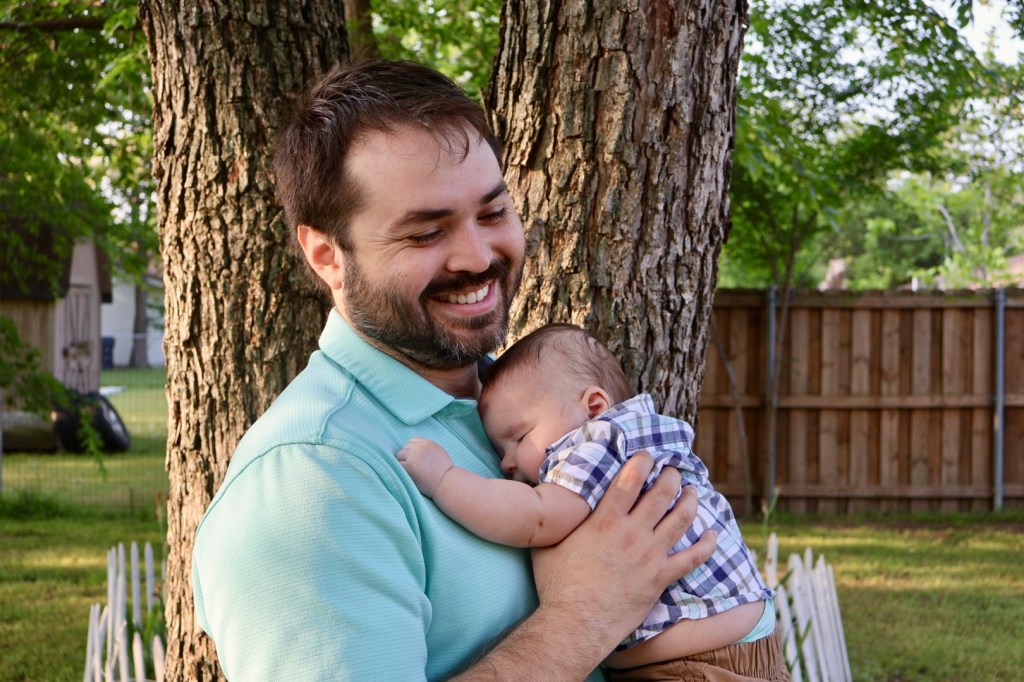 Father and son outside